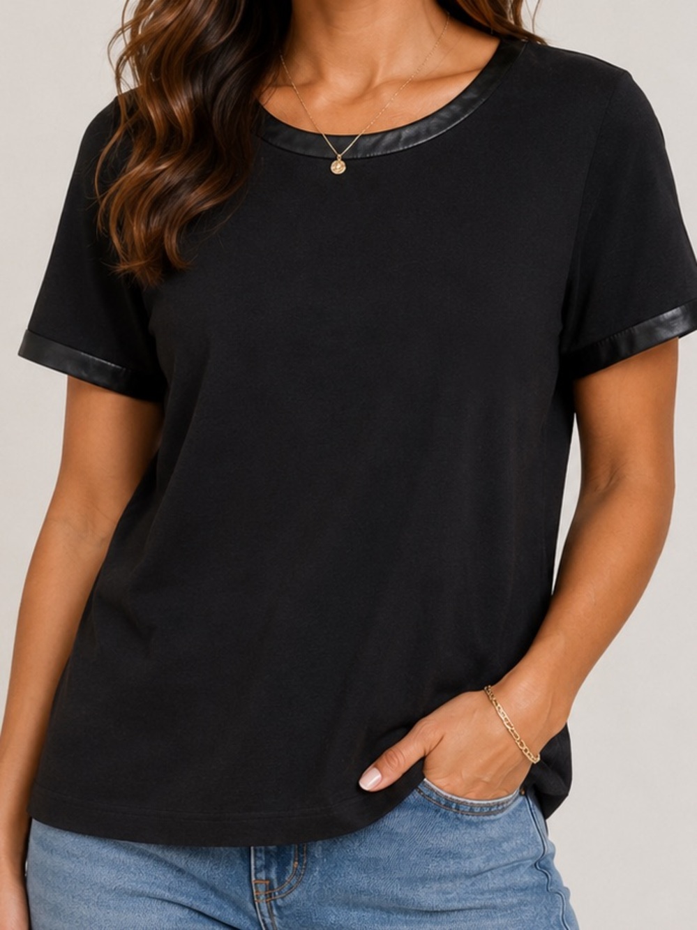 Madewell Leather Trim Tailored Tee blouse faux leather crew neck collar xs